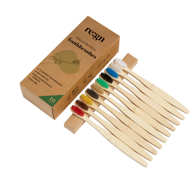 Bamboo Eco Friendly Toothbrushes Multi Colour 10 pack - Adult by Re:gn