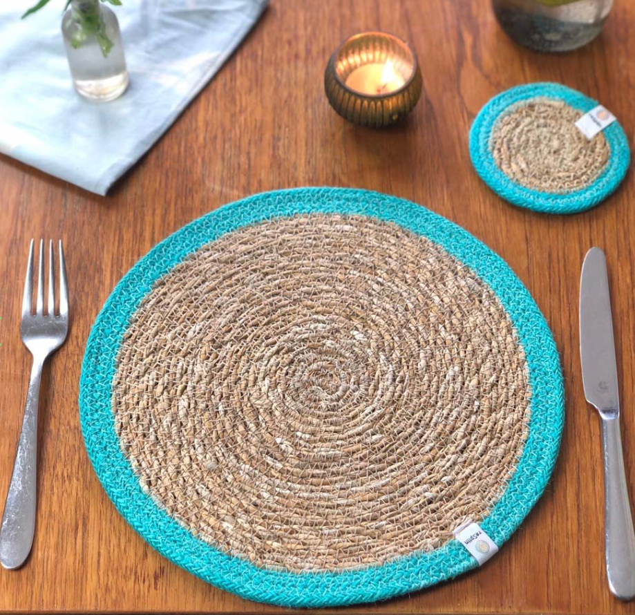 Seagrass and Jute Tablemat - natural/turquoise
